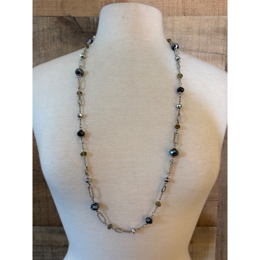 Silver Tone Station Necklace Faceted Navy Gray Glass Beads Textured Links 36in